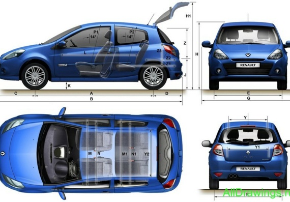 Renault Clio 3-door (2009) (Рено Клио 3-дверный (2009)) - чертежи (рисунки) автомобиля